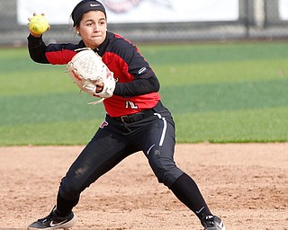 YSU's Alex DeLeon throws the ball to first during the first game of their double header against KSU at Covelli Sports Complex on Wednesday afternoon. EMILY MATTHEWS | THE VINDICATOR