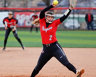 YSU's Addy Jarvis pitches during the second game of their double header against KSU at Covelli Sports Complex on Wednesday afternoon. EMILY MATTHEWS | THE VINDICATOR