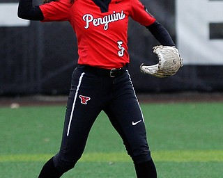 YSU's Yazmine Romero throws the ball in from center field during the second game of their double header against KSU at Covelli Sports Complex on Wednesday afternoon. EMILY MATTHEWS | THE VINDICATOR