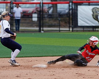 YSU's Lexi Zappitelli safely steals second during the second game of their double header against KSU at Covelli Sports Complex on Wednesday afternoon. EMILY MATTHEWS | THE VINDICATOR