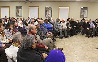 William D. Lewis The Vindicator Dr. Klaid Iqbal, president of the Islamic Society of Greater Youngstown speaks during a vigil 3-22-19 remembering 50 people killed at a New Zealand mosque.