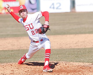 YSU's Brandon Matthews pitches during the first game of their double header against Oakland on Saturday at Eastwood Field. EMILY MATTHEWS | THE VINDICATOR