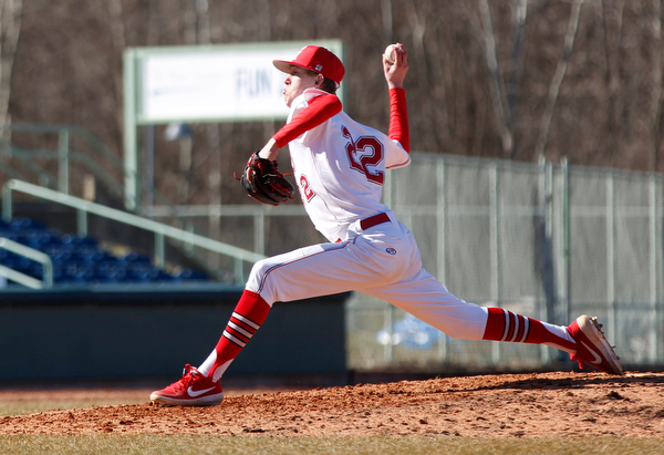 YSU's Brandon Matthews pitches during the first game of their double header against Oakland on Saturday at Eastwood Field. EMILY MATTHEWS | THE VINDICATOR