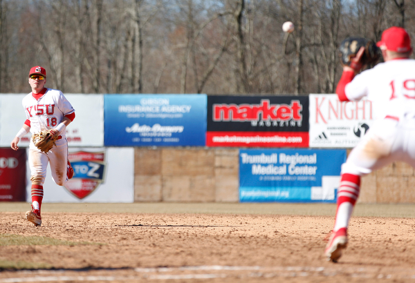 YSU's second baseman Drew Dickerson runs off the field after throwing the ball to first baseman Trevor Wiersma during the first game of their double header against Oakland on Saturday at Eastwood Field. EMILY MATTHEWS | THE VINDICATOR