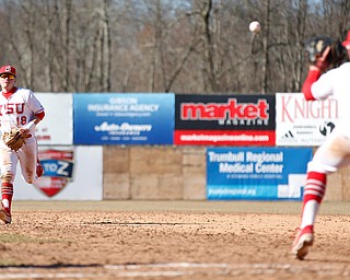YSU's second baseman Drew Dickerson runs off the field after throwing the ball to first baseman Trevor Wiersma during the first game of their double header against Oakland on Saturday at Eastwood Field. EMILY MATTHEWS | THE VINDICATOR