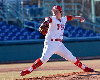 YSU's Marco DeFalco pitches during the second game of their double header against Oakland on Saturday at Eastwood Field. EMILY MATTHEWS | THE VINDICATOR