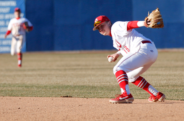 YSU's second baseman Drew Dickerson picks up the ball during the second game of their double header against Oakland on Saturday at Eastwood Field. EMILY MATTHEWS | THE VINDICATOR