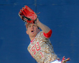 William D. Lewis the vindicator  YSU's Lucas Nasconti(1) catches a flyball during 3-27-19 gme with Pitt.