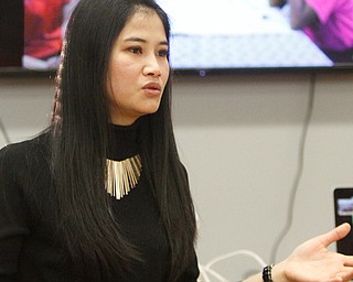 Students at Boardman Glenwood Junior High gathered in the school library Wednesday to connect with peers from the Thai village of Pa Dang Ngam. The students had a discussion via video chat, with the help of Principal Bart Smith’s wife Lamun, above, who translated.