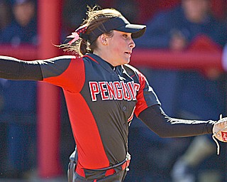 Maddi Lusk of Youngstown State dives to catch a fly ball in the first game of the Penguins softball game against the University of Akron on Tuesday. YSU swept a doubleheader from the Zips.