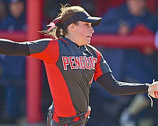 Maddi Lusk of Youngstown State dives to catch a fly ball in the first game of the Penguins softball game against the University of Akron on Tuesday. YSU swept a doubleheader from the Zips.