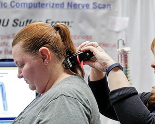 Rachael Helmick, left, of Sebring, gets a scientific computerized nerve scan from Karen Tiffee, a volunteer with Back 2 Health, at the Valley Health & Wellness Expo Saturday at Covelli Centre.