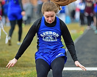 MINERAL RIDGE, OHIO - MARCH 30, 2019: Lisbon's Jaidynn Entrikin competes during the girls long jump, Saturday morning during the Joe Lane Invitational at Mineral Ridge High School. DAVID DERMER | THE VINDICATOR