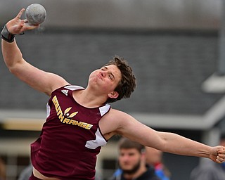 MINERAL RIDGE, OHIO - MARCH 30, 2019: South Range's Jacob Brooks throws during the boys shot put, Saturday morning during the Joe Lane Invitational at Mineral Ridge High School. DAVID DERMER | THE VINDICATOR