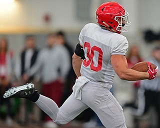 YOUNGSTOWN, OHIO - MARCH 30, 2019: Youngstown State's Joe Alessi crosses the goal line to score a touchdown during Saturday afternoon's spring scrimmage at the Watson and Tressel Training Facility. DAVID DERMER | THE VINDICATOR