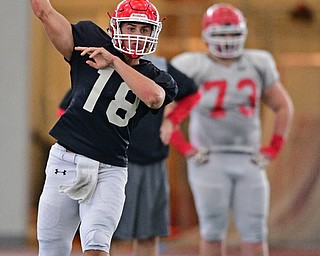 YOUNGSTOWN, OHIO - MARCH 30, 2019: Youngstown State's Mark Waid throws a pass during Saturday afternoon's spring scrimmage at the Watson and Tressel Training Facility. DAVID DERMER | THE VINDICATOR