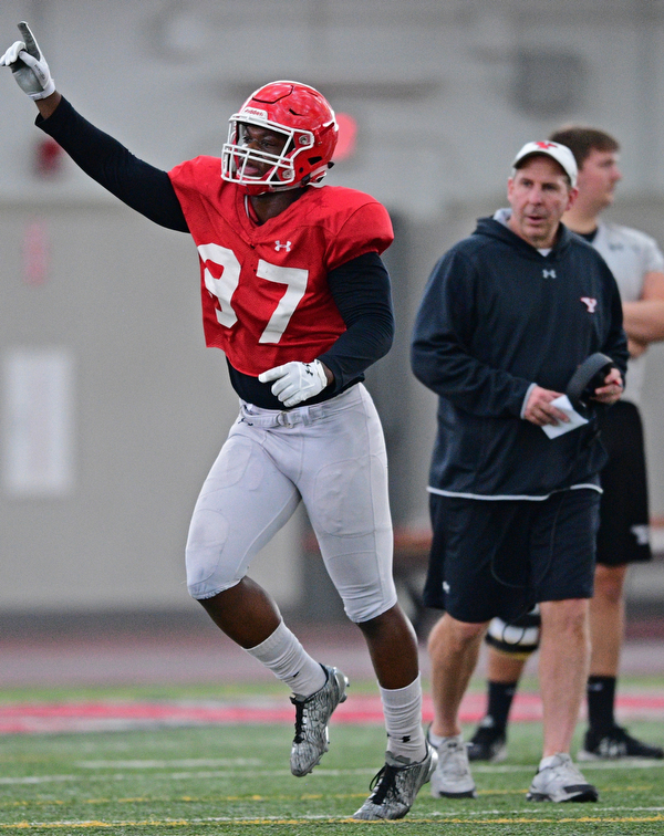 YOUNGSTOWN, OHIO - MARCH 30, 2019: Youngstown State's James Jackson celebrates after a quarterback sack during Saturday afternoon's spring scrimmage at the Watson and Tressel Training Facility. DAVID DERMER | THE VINDICATOR