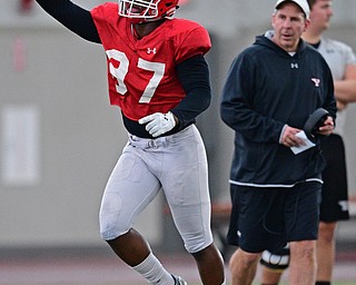 YOUNGSTOWN, OHIO - MARCH 30, 2019: Youngstown State's James Jackson celebrates after a quarterback sack during Saturday afternoon's spring scrimmage at the Watson and Tressel Training Facility. DAVID DERMER | THE VINDICATOR