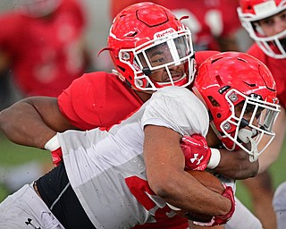 YOUNGSTOWN, OHIO - MARCH 30, 2019: Youngstown State's Christian Turner, white, is tackled by Ray Anderson, red, during Saturday afternoon's spring scrimmage at the Watson and Tressel Training Facility. DAVID DERMER | THE VINDICATOR