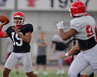 YOUNGSTOWN, OHIO - MARCH 30, 2019: Youngstown State's Jayden Cunningham looks to pass during Saturday afternoon's spring scrimmage at the Watson and Tressel Training Facility. DAVID DERMER | THE VINDICATOR