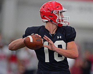 YOUNGSTOWN, OHIO - MARCH 30, 2019: Youngstown State's Mark Waid throws a pass during Saturday afternoon's spring scrimmage at the Watson and Tressel Training Facility. DAVID DERMER | THE VINDICATOR