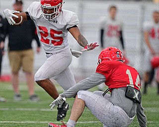 YOUNGSTOWN, OHIO - MARCH 30, 2019: Youngstown State's Melvin Jackson, white, fights off Sam McGuigan during Saturday afternoon's spring scrimmage at the Watson and Tressel Training Facility. DAVID DERMER | THE VINDICATOR