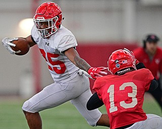 YOUNGSTOWN, OHIO - MARCH 30, 2019: Youngstown State's Melvin Jackson fights off LaQuan White during Saturday afternoon's spring scrimmage at the Watson and Tressel Training Facility. DAVID DERMER | THE VINDICATOR