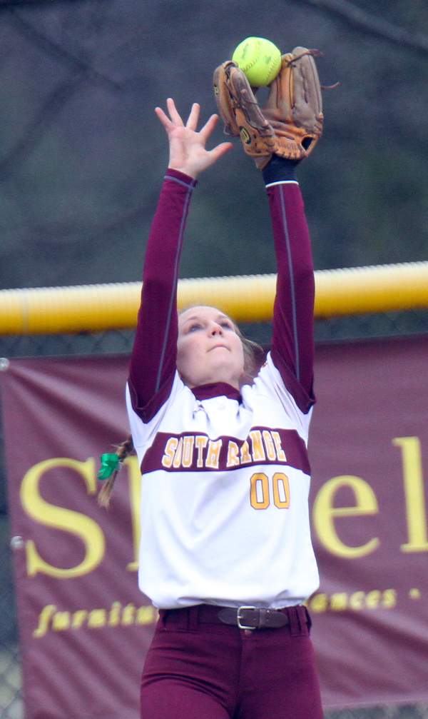 William D. Lewis the Vindicator South Range's Marlaina Slabach(00) catches a flyball during 4-2-19 game with Poland.