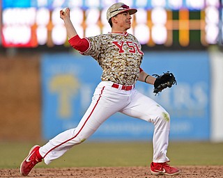 NILES, OHIO - APRIl 3, 2019: Youngstown State's Phillip Glasser throws to first to get out Kent State's Justin Kirby in the ninth inning of their game, Wednesday evening at Eastwood Field. Youngstown State won 4-3 in eleven innings. DAVID DERMER | THE VINDICATOR