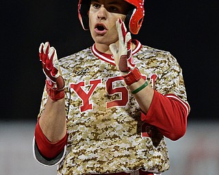 NILES, OHIO - APRIl 3, 2019: Youngstown State's Phillip Glasser celebrates after a single in the eleventh inning of their game, Wednesday evening at Eastwood Field. Youngstown State won 4-3 in eleven innings. DAVID DERMER | THE VINDICATOR