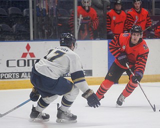 Phantoms' Matt DeMelis tries to get the puck past Stampede's Ryan Sullivan during their game on Friday night. EMILY MATTHEWS | THE VINDICATOR