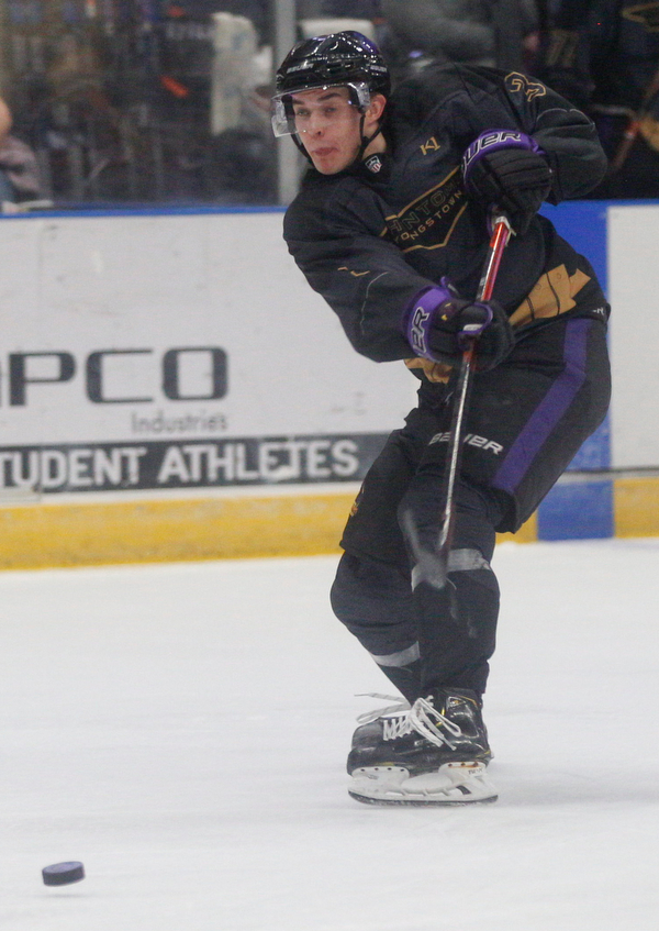 Phantoms' Jeppe Urup shoots the puck during the second period of their game against the Stampede Saturday night. EMILY MATTHEWS | THE VINDICATOR