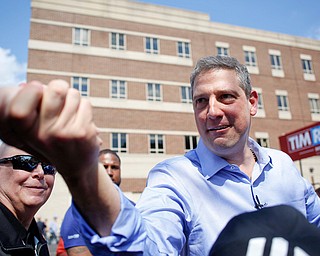 Tim Ryan greets the crowd during his presidential kickoff rally on Federal Street Saturday afternoon. EMILY MATTHEWS | THE VINDICATOR