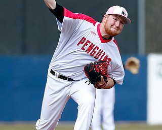  NILES, OHIO - April 6, 2019:  During the 1st inning, Youngstown State Penguins pitcher Travis Perry (33) fires piitch homeward at Eastwood Field. Photo by MICHAEL G. TAYLOR | THE VINDICATOR