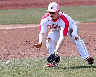  NILES, OHIO - April 6, 2019:  During the 2nd inning, Youngstown State Penguins' 3rd base Blaze Glenn (16) fields the grounder at Eastwood Field. Photo by MICHAEL G. TAYLOR | THE VINDICATOR