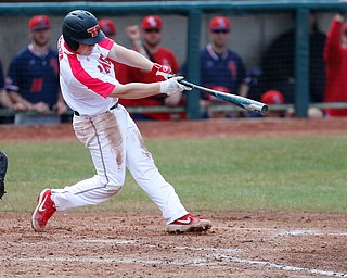  NILES, OHIO - April 6, 2019:  During the 3rd inning, Youngstown State Penguins' Blaze Glenn (16) hits double at Eastwood Field. Photo by MICHAEL G. TAYLOR | THE VINDICATOR