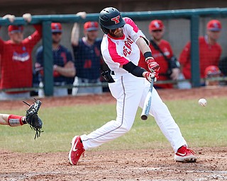  NILES, OHIO - April 6, 2019:  During the 3rd inning, Youngstown State Penguins' Jeff Wehler (7) hits single at Eastwood Field. Photo by MICHAEL G. TAYLOR | THE VINDICATOR