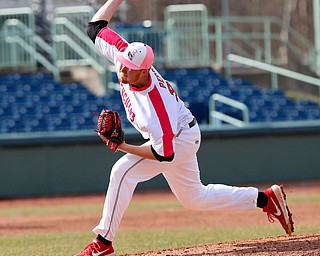  NILES, OHIO - April 6, 2019:  During the 4th inning, Youngstown State Penguins' Travis Perry (33) fires pitch homeward at Eastwood Field. Photo by MICHAEL G. TAYLOR | THE VINDICATOR