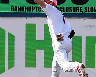  NILES, OHIO - April 6, 2019:  During the 4th inning, Youngstown State Penguins' Jeff Wehler (7) catches line drive at Eastwood Field. Photo by MICHAEL G. TAYLOR | THE VINDICATOR