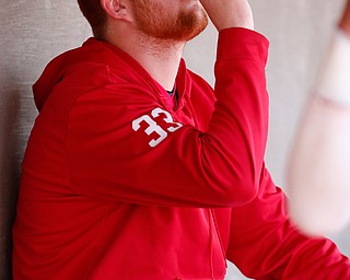  NILES, OHIO - April 6, 2019:  During the 4th inning, Youngstown State Penguins' pitcher Travis Perry (33) in the dugout at Eastwood Field. Photo by MICHAEL G. TAYLOR | THE VINDICATOR