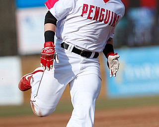  NILES, OHIO - April 6, 2019:  During the 7th inning, Youngstown State Penguins' Drew Dickerson (18) rounds 3b to score at Eastwood Field. Photo by MICHAEL G. TAYLOR | THE VINDICATOR