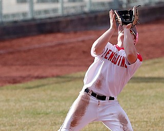  NILES, OHIO - April 6, 2019:  During the 9th inning, Youngstown State Penguins' Blaze Glenn (16) grabs the last out of the game at Eastwood Field. Photo by MICHAEL G. TAYLOR | THE VINDICATOR