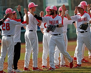  NILES, OHIO - April 6, 2019: Youngstown State Penguins  celebrate their 6-5 victory at Eastwood Field. Photo by MICHAEL G. TAYLOR | THE VINDICATOR