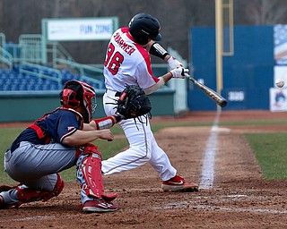  NILES, OHIO - April 6, 2019:  During the 3rd inning, Youngstown State Penguins' Dylan Swarmer (36) connects at Eastwood Field. Photo by MICHAEL G. TAYLOR | THE VINDICATOR