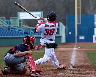  NILES, OHIO - April 6, 2019:  During the 3rd inning, Youngstown State Penguins' Dylan Swarmer (36) connects at Eastwood Field. Photo by MICHAEL G. TAYLOR | THE VINDICATOR