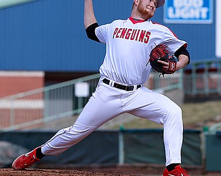  NILES, OHIO - April 6, 2019:  During the 3rd inning, Youngstown State Penguins' Travis Perry (33) fires a pitch homeward Eastwood Field. Photo by MICHAEL G. TAYLOR | THE VINDICATOR