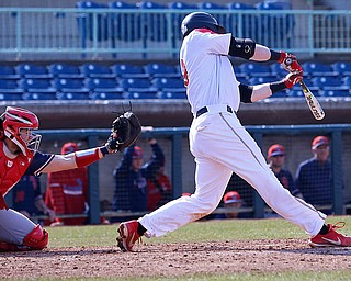  NILES, OHIO - April 6, 2019:  During the 5th inning, Youngstown State Penguins' Trevor Wiersma (19)  singles at Eastwood Field. Photo by MICHAEL G. TAYLOR | THE VINDICATOR