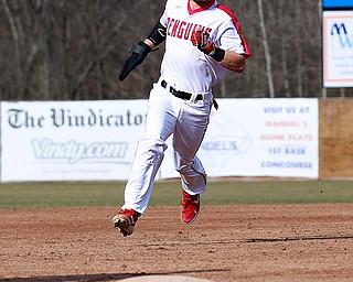  NILES, OHIO - April 6, 2019:  During the 7th inning, Youngstown State Penguins' Jeff Wehler (7) rounds 3rd to score at Eastwood Field. Photo by MICHAEL G. TAYLOR | THE VINDICATOR