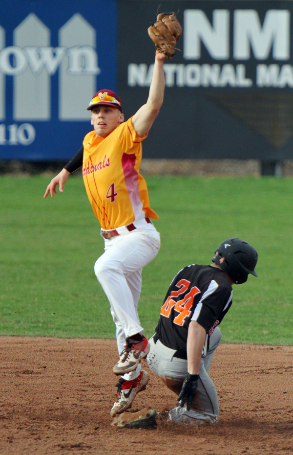 William D. Lewis The Vindicator Springfield's ClaytonNezbeth (24) is safe at 2nd as Mooney's John Mikos tries to make the catch during 4-8-19 action at Cene.