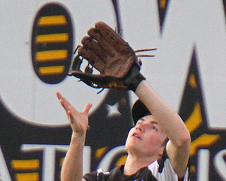 William D. Lewis The Vindicator Springfield's Clayton Nezbeth(2$4) catches a flyball during 4-8-19 win over Mooney t Cene.